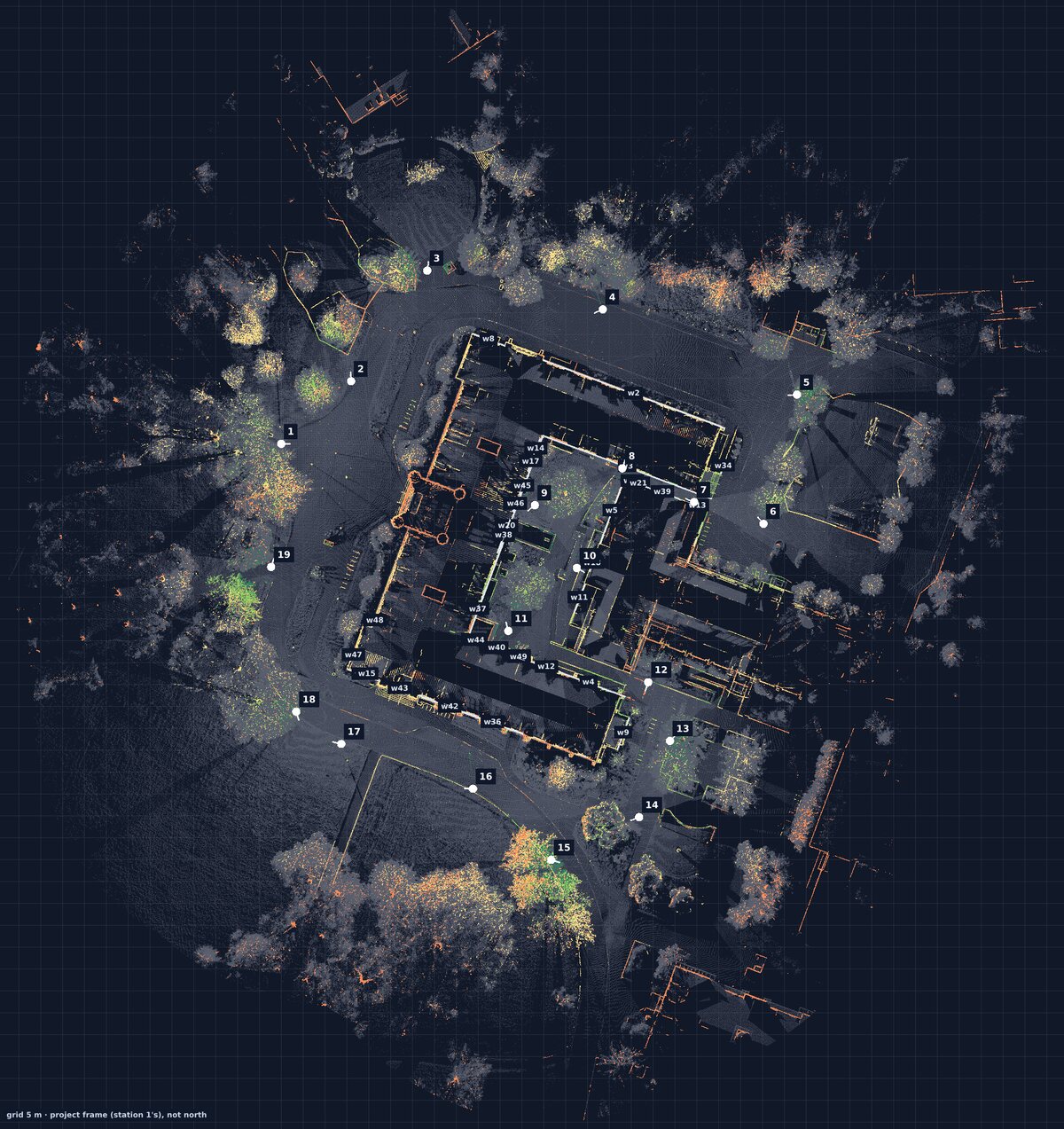 Top-down view of all 19 registered stations of the administration building at the University of Idaho and its surroundings, with numbered stations and wall labels.