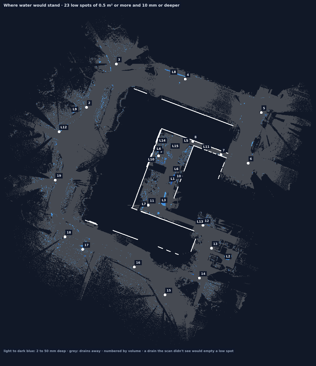 Plan of the site with places where water would stand shaded blue and numbered by volume.